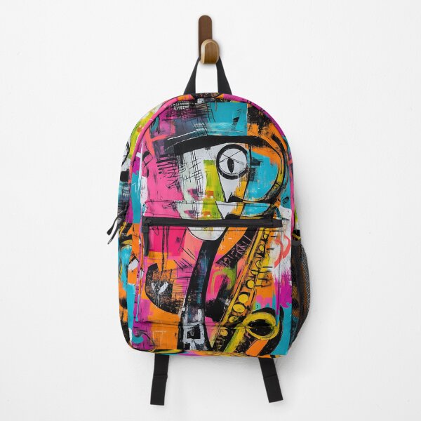 Item preview, Vibrant Abstract Composition with Prominent Saxophone, Geometric Shapes, and Dynamic Brushstrokes designed and sold by OlfactoART Studio.