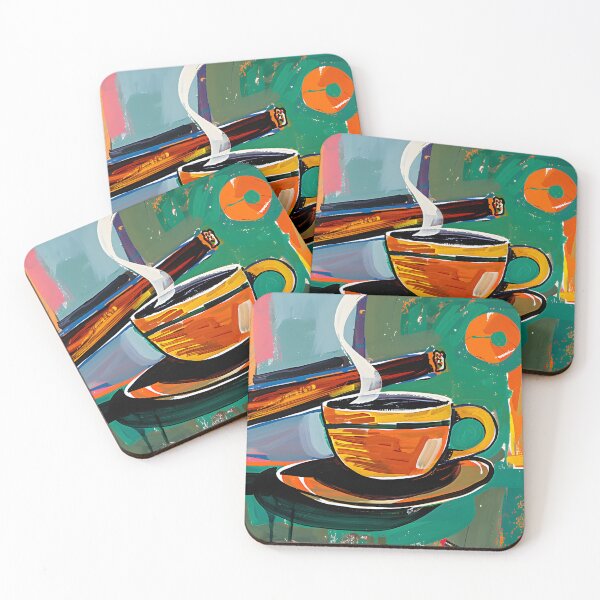 Artikelvorschau, Lebendige und farbenfrohe Szene einer dampfenden Kaffeetasse mit brennender Zigarre und dynamischem abstrakten Hintergrund entworfen und verkauft von OlfactoART Studio.