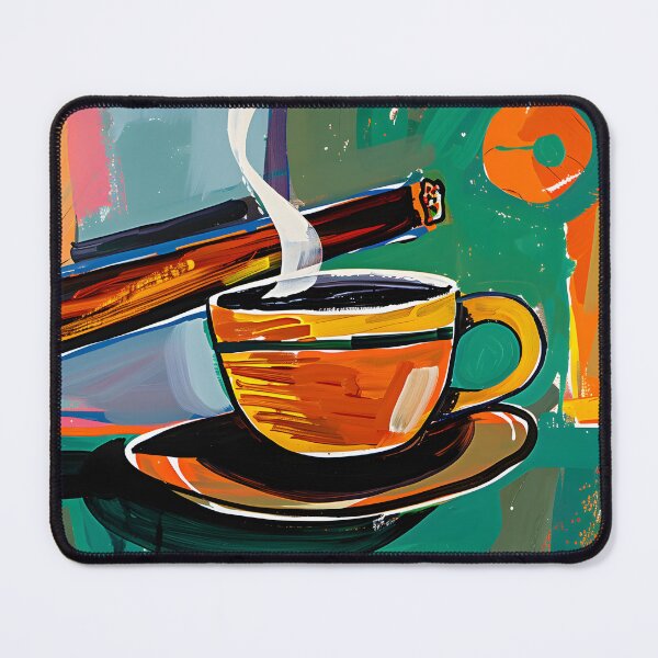 Artikelvorschau, Lebendige und farbenfrohe Szene einer dampfenden Kaffeetasse mit brennender Zigarre und dynamischem abstrakten Hintergrund entworfen und verkauft von OlfactoART Studio.