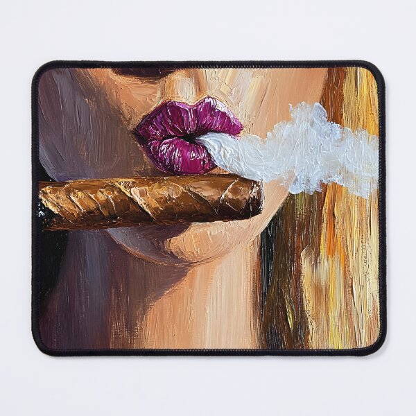 Item preview, Savor the Elegance of Glossy Lips and Cigar Smoke Framed by Golden Locks Abstract Digital Art designed and sold by OlfactoART Studio.