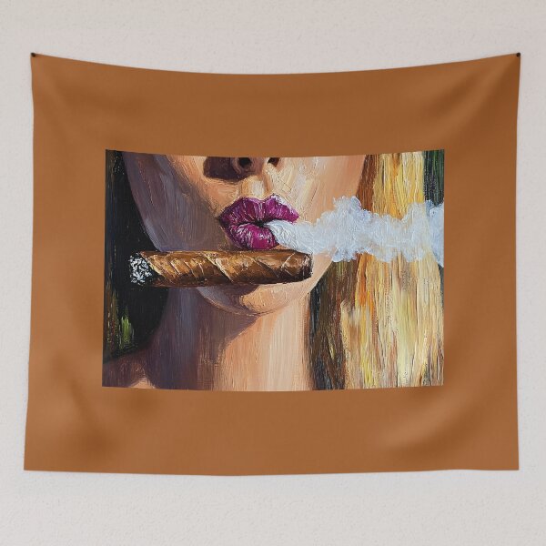 Item preview, Savor the Elegance of Glossy Lips and Cigar Smoke Framed by Golden Locks Abstract Digital Art designed and sold by OlfactoART Studio.