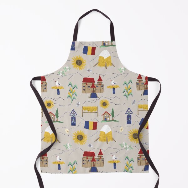 Item preview, Romanian inspired on tan background with castles, haystacks, sunflowers, elderflowers, storks, red roofs designed and sold by katerosestudios.