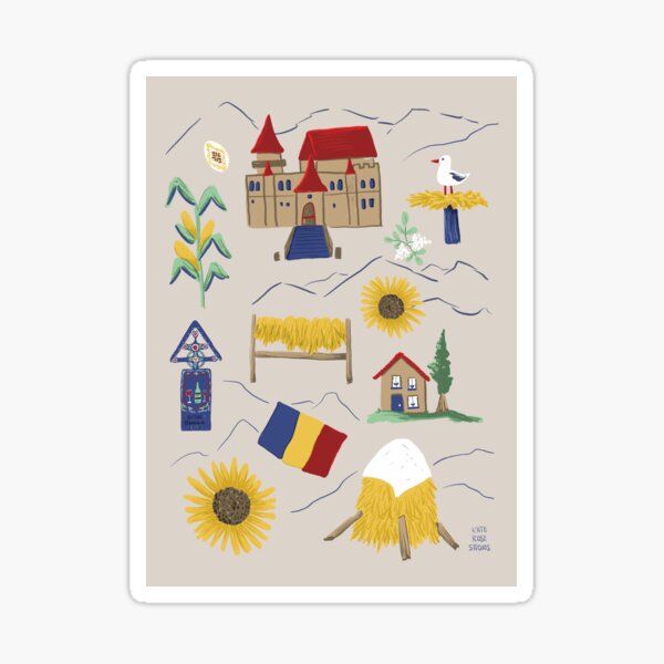 Item preview, Romanian inspired on tan background with castles, haystacks, sunflowers, elderflowers, storks, red roofs designed and sold by katerosestudios.
