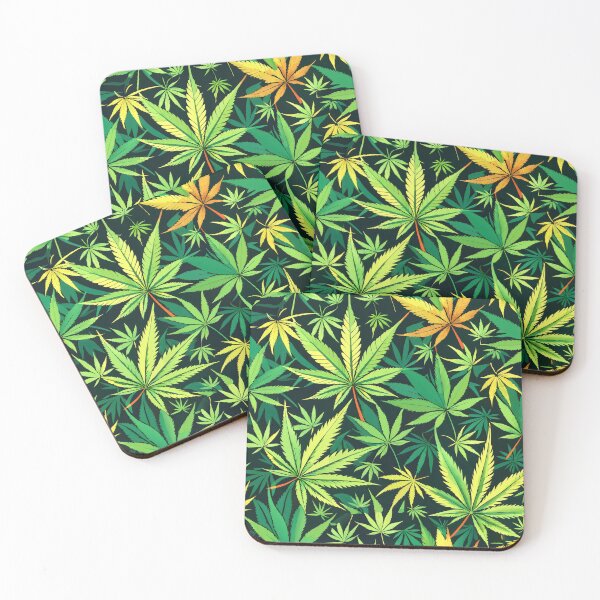 Item preview, Vibrant pattern with various hemp leaves in shades of green and yellow on a dark background. designed and sold by Rostislav Bouda.