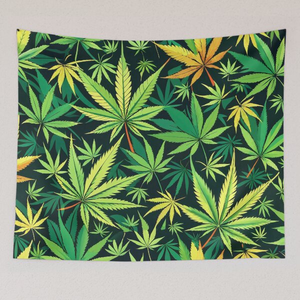 Item preview, Vibrant pattern with various hemp leaves in shades of green and yellow on a dark background. designed and sold by Rostislav Bouda.