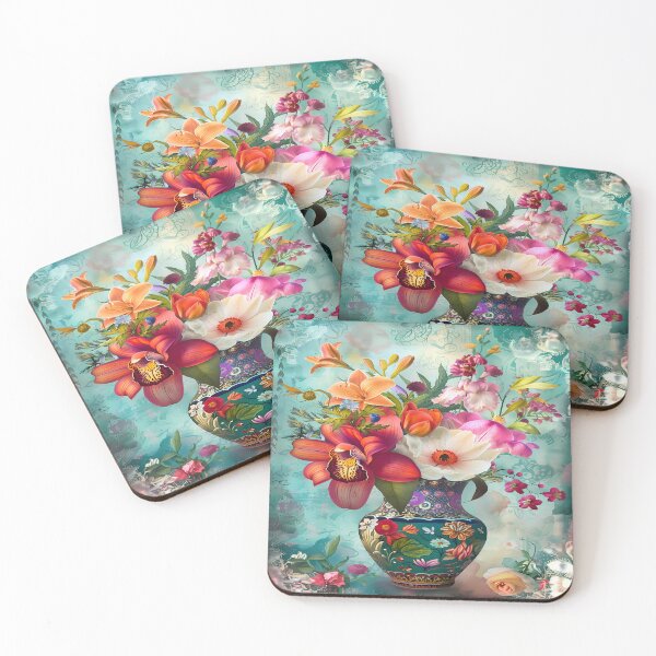 Item preview, Exquisite Floral Vase Arrangement in a Sea of Turquoise Dreams - Vibrant Blooming Bouquet Art designed and sold by Frame & Fold.