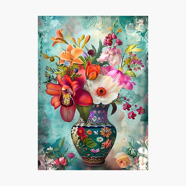 Item preview, Exquisite Floral Vase Arrangement in a Sea of Turquoise Dreams - Vibrant Blooming Bouquet Art designed and sold by Frame & Fold.