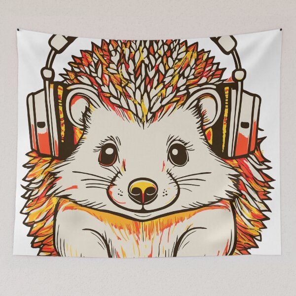 Item preview, A cute little hedgehog in headphones, autumn graphics, black outline, orange and yellow elements. designed and sold by My-fake-places.