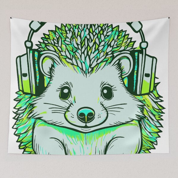 Item preview, A cute little hedgehog in headphones, autumn graphics, black outline, green and turquoise elements. designed and sold by My-fake-places.