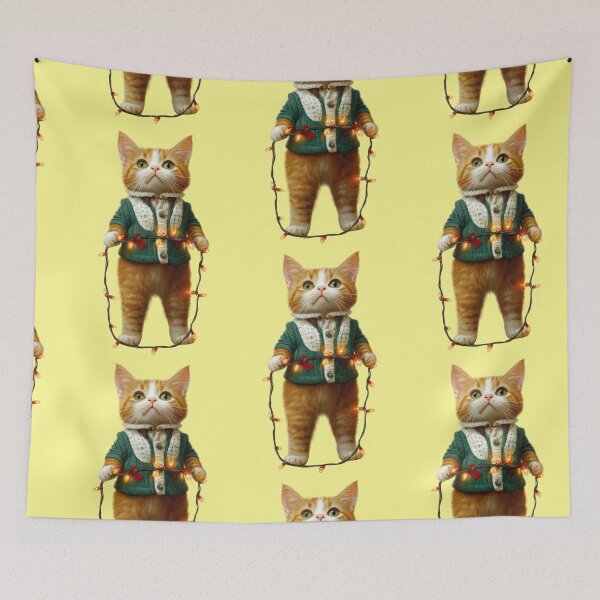 Item preview, cute cat with fairy lights, funny Christmas illustration designed and sold by Mauswohn.