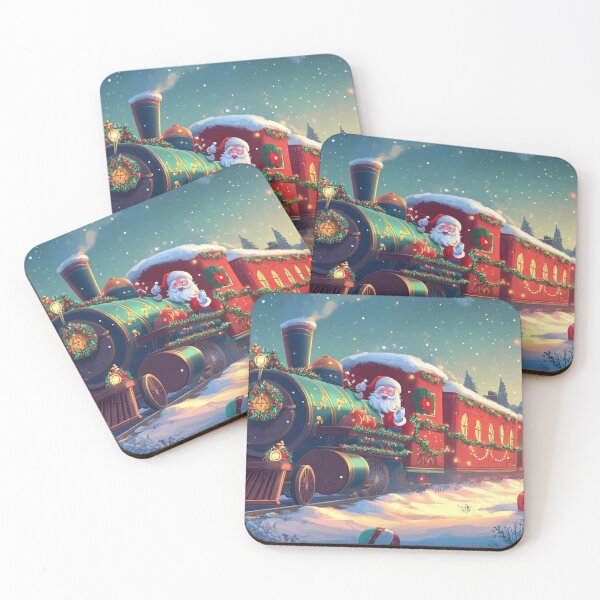 Item preview, Festive holiday Christmas Santa Clause train traveling through a snowy landscape designed and sold by The Art of Kkatarynka.