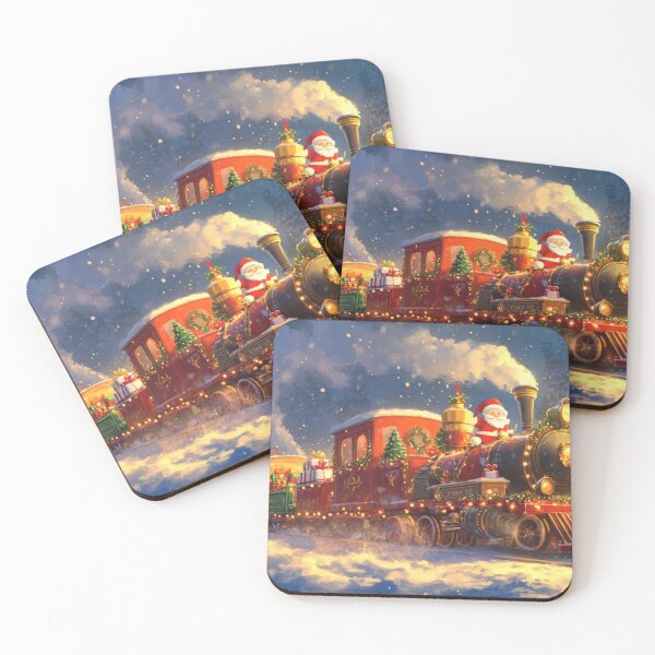 Item preview, Festive holiday Christmas Santa Clause train traveling through a snowy landscape designed and sold by The Art of Kkatarynka.