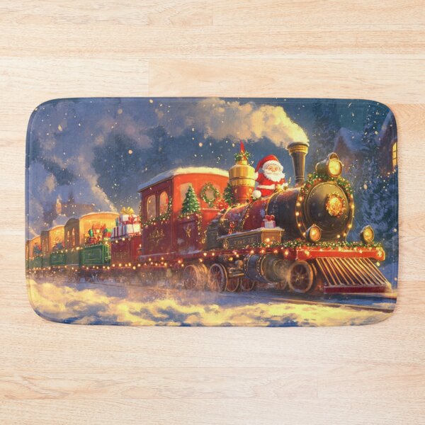 Item preview, Festive holiday Christmas Santa Clause train traveling through a snowy landscape designed and sold by The Art of Kkatarynka.
