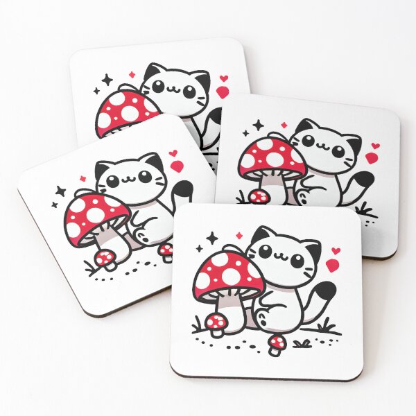 Item preview,  Adorable white kitty surrounded by red mushrooms designed and sold by RetroPop23.