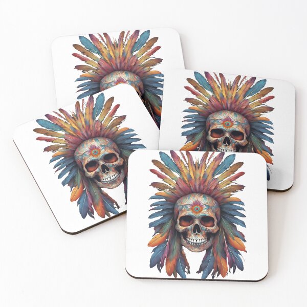 Artikelvorschau, Bunter Totenkopf in Feder, bunte Federn, indigener Totenkopf, indianischer Totenkopf, indigener Kopfschmuck entworfen und verkauft von KolorellaS.