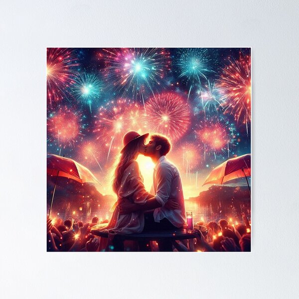 Item preview, Magical Night: Loving Couple Under Fireworks and Umbrellas" designed and sold by choder61.