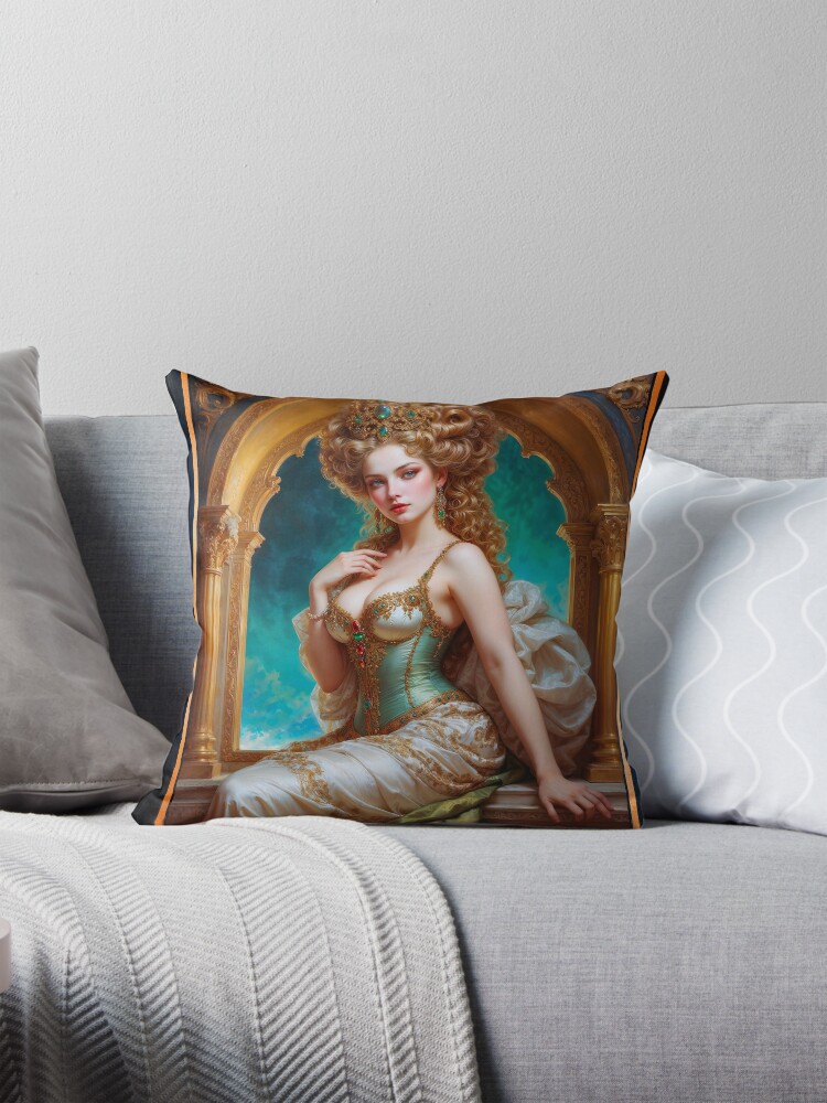 The Majestic Empress Of The Clouds Daiylia In Her Golden Palace AI Concept Art by Xzendor7 | Her Beauty Is Eternal 4 The Majestic Empress Of The Clouds Daiylia In Her Golden Palace Mesmerizing AI Concept Art by Xzendor7 Decorative Art Print Throw Pillow
