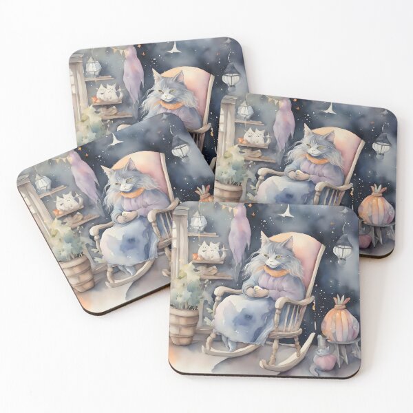 Item preview, Fluffy grey cat witch in rocking chair designed and sold by Shopatmarlow.