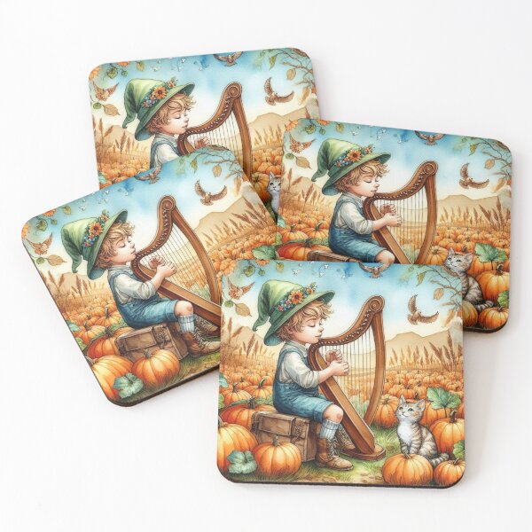 Item preview, Boy in Elf Hat Playing Harp with Grey Tabby Cat and Birds in Pumpkin Patch with Sunflowers designed and sold by ElegantTeaTime.