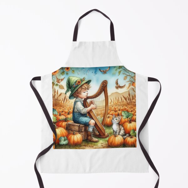 Item preview, Boy in Elf Hat Playing Harp with Grey Tabby Cat and Birds in Pumpkin Patch with Sunflowers designed and sold by ElegantTeaTime.