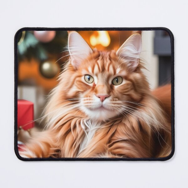 Item preview, A beautiful red tabby Maine Coon cat surrounded by Christmas decorations and a Xmas tree. designed and sold by Kaleddis.