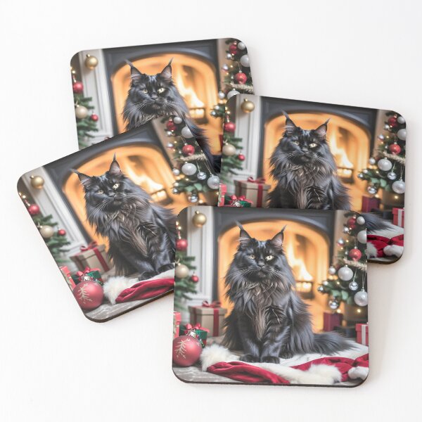 Item preview, A beautiful black Maine Coon cat surrounded by Christmas decorations and a Xmas tree. designed and sold by Kaleddis.