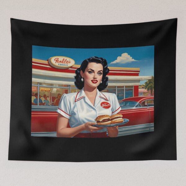 Item preview, Beautiful server in an American Diner vintage pinup advertising style art designed and sold by Vintage Designs +.