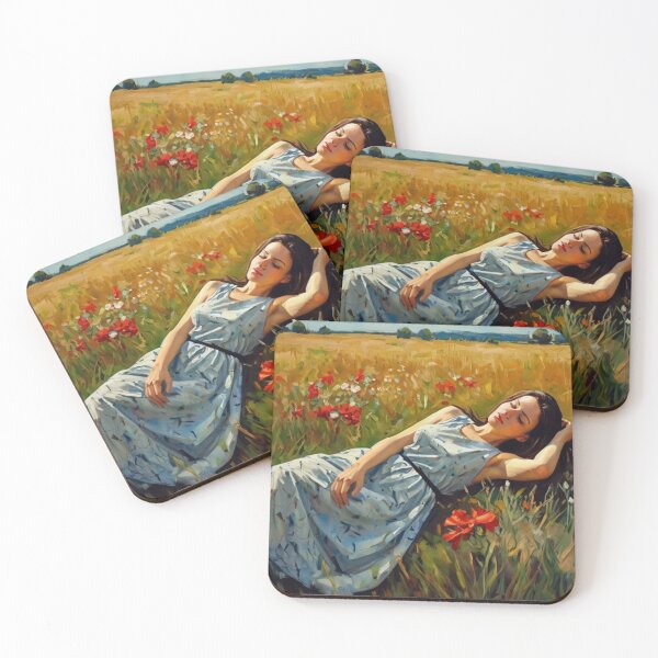 Item preview,  Autumnal fall seasonal art of a beautiful woman laying in a poppy field after Bougereau designed and sold by Vintage Designs +.