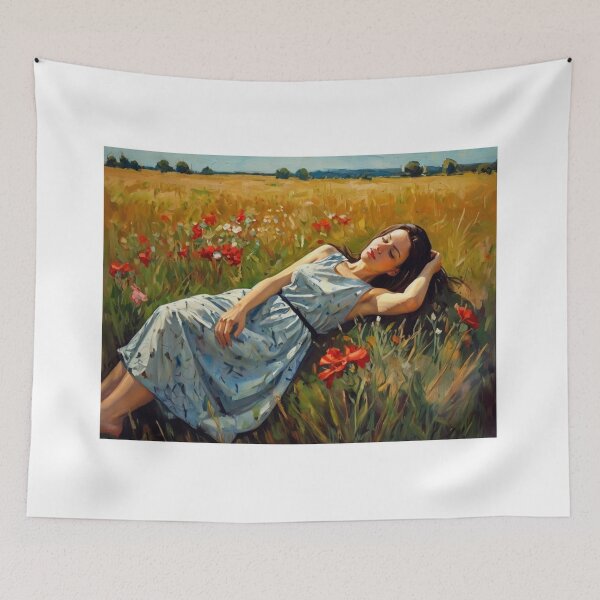 Item preview,  Autumnal fall seasonal art of a beautiful woman laying in a poppy field after Bougereau designed and sold by Vintage Designs +.