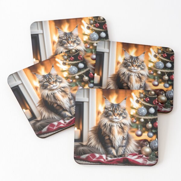Item preview, A beautiful tortoiseshell Maine Coon cat surrounded by Christmas decorations and a Xmas tree. designed and sold by Kaleddis.