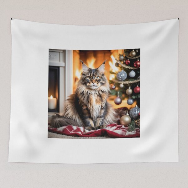 Item preview, A beautiful tortoiseshell Maine Coon cat surrounded by Christmas decorations and a Xmas tree. designed and sold by Kaleddis.