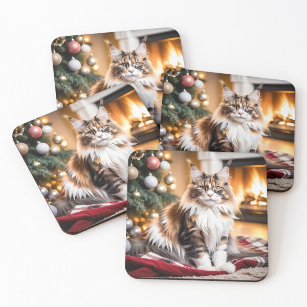 Item preview, A beautiful calico Maine Coon cat surrounded by Christmas decorations and a Xmas tree. designed and sold by Kaleddis.