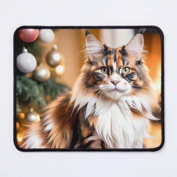 Item preview, A beautiful calico Maine Coon cat surrounded by Christmas decorations and a Xmas tree. designed and sold by Kaleddis.