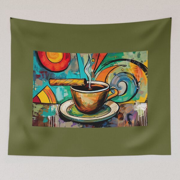 Item preview, Vibrant Composition of Steaming Coffee Cup and Upright Cigar Surrounded by Dynamic Abstract Shapes designed and sold by OlfactoART Studio.