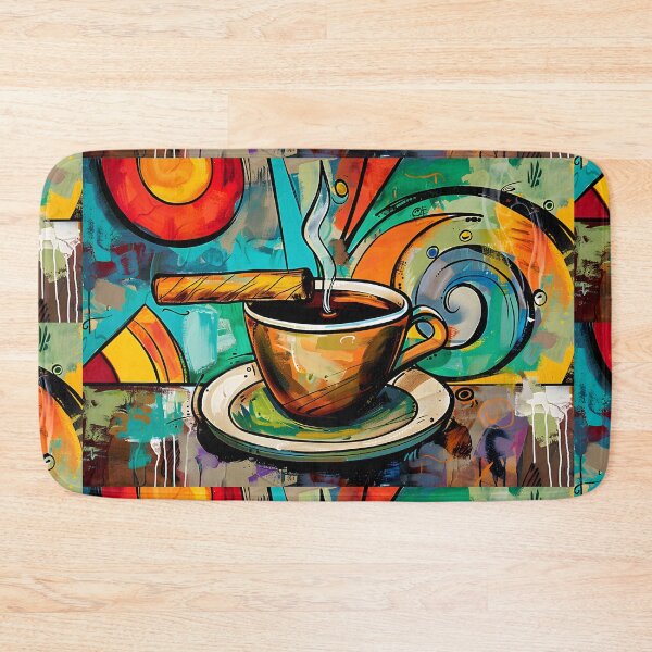 Artikelvorschau, Lebendige Komposition aus dampfender Kaffeetasse und aufrecht stehender Zigarre, umgeben von dynamischen abstrakten Formen entworfen und verkauft von OlfactoART Studio.