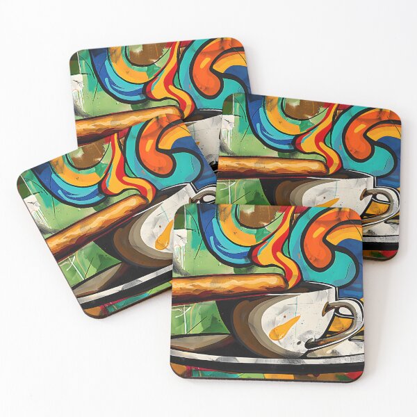 Artikelvorschau, Dampfende Kaffeetasse mit Zigarre gegen lebendige abstrakte geometrische Muster digitale Kunst entworfen und verkauft von OlfactoART Studio.