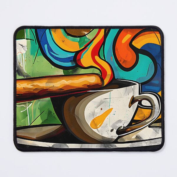 Artikelvorschau, Dampfende Kaffeetasse mit Zigarre gegen lebendige abstrakte geometrische Muster digitale Kunst entworfen und verkauft von OlfactoART Studio.