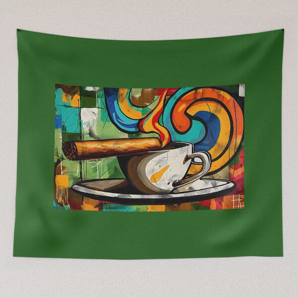 Artikelvorschau, Dampfende Kaffeetasse mit Zigarre gegen lebendige abstrakte geometrische Muster digitale Kunst entworfen und verkauft von OlfactoART Studio.