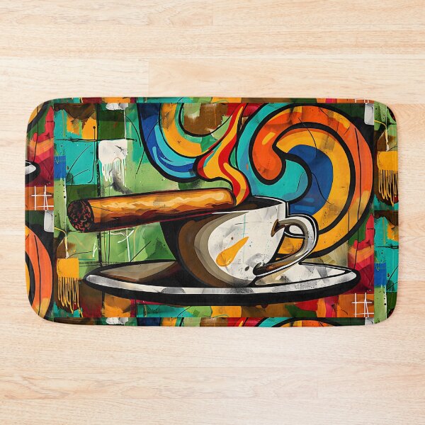 Artikelvorschau, Dampfende Kaffeetasse mit Zigarre gegen lebendige abstrakte geometrische Muster digitale Kunst entworfen und verkauft von OlfactoART Studio.