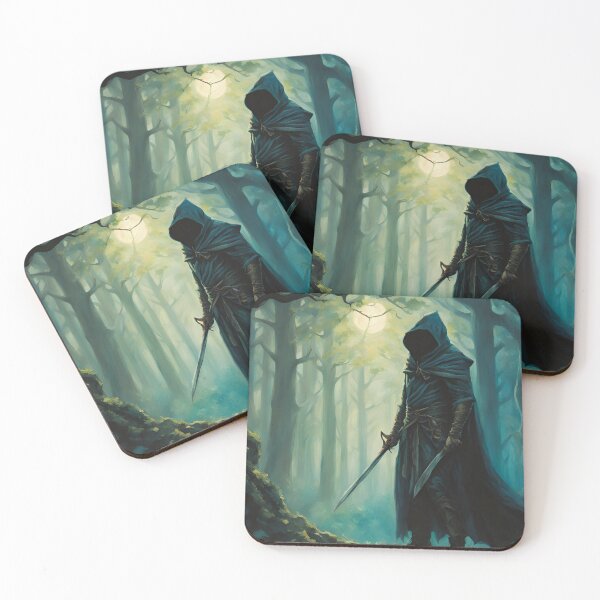 Item preview, Hooded, cloaked swordsman in woodland, fantasy art designed and sold by LadyAJohnson.