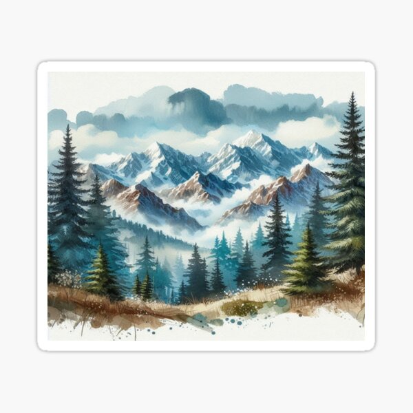 Pine forest and mountains: snowflakes in the winter landscape Sticker