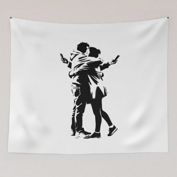 Item preview, Couple Hugging While Holding Phones Graffiti Art, Banksy inspired designed and sold by EdgyEdgeArt.