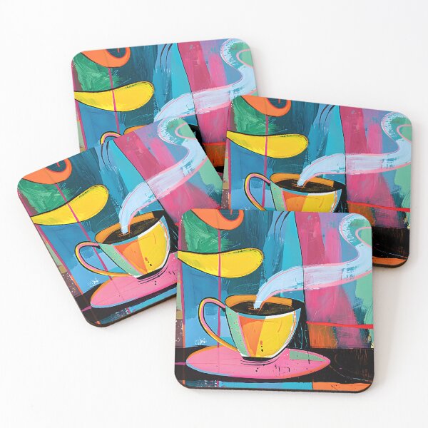 Item preview, Vibrant and Colorful Scene of Steaming Coffee Cup Surrounded by Abstract Shapes and Swirling Pattern designed and sold by OlfactoART Studio.