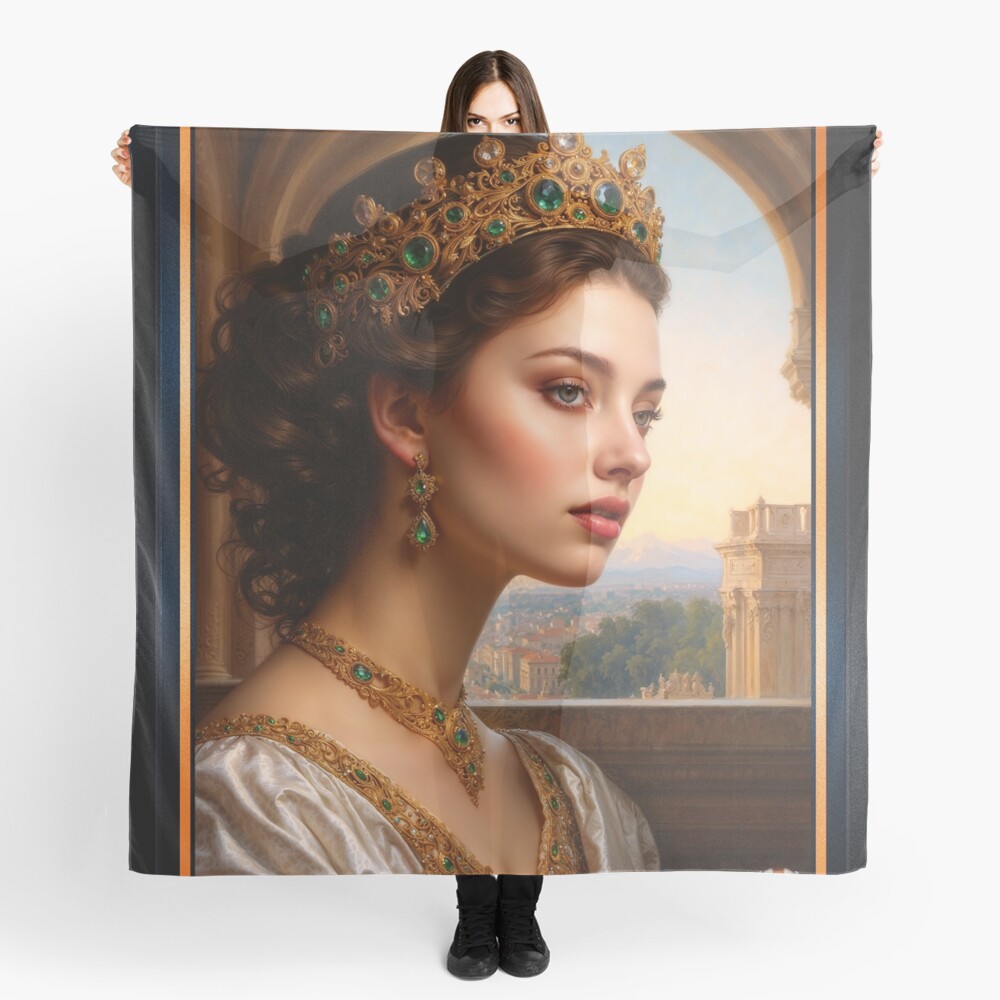 Regal Portrait of a Young Princess Adorned in Emerald and Gold MEsmerizing AI Concept Art by Xzendor7 Decorative Art Print Ladies Scarf