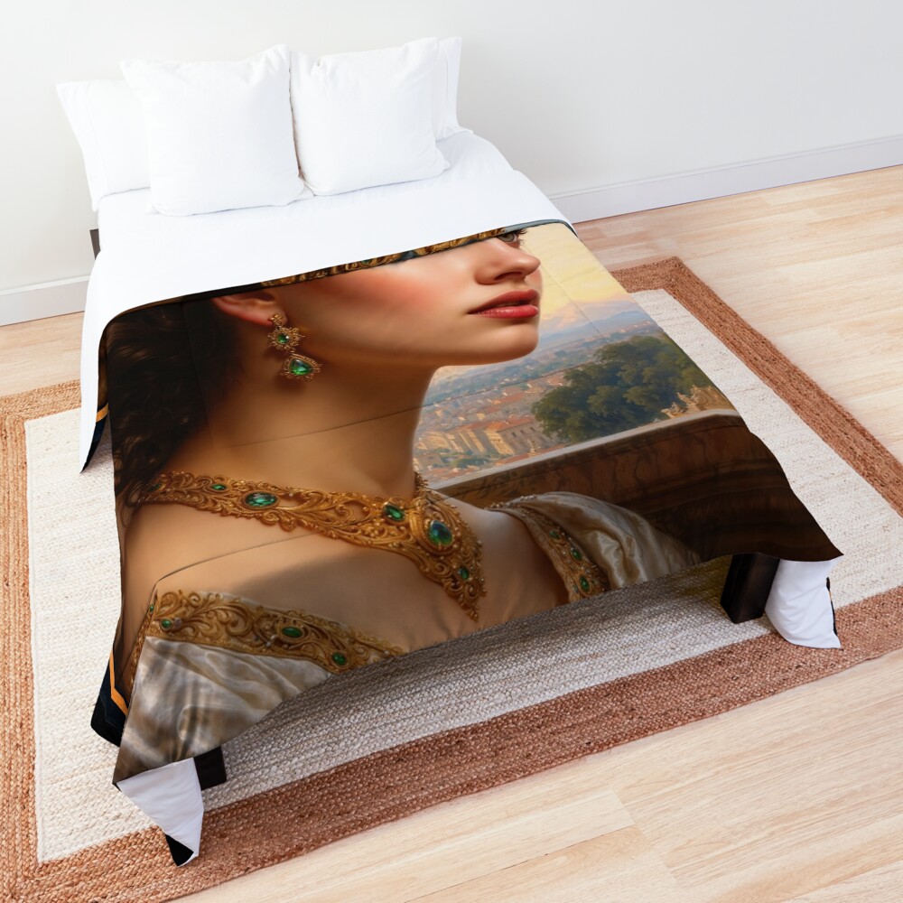 Regal Portrait of a Young Princess Adorned in Emerald and Gold MEsmerizing AI Concept Art by Xzendor7 Decorative Art Print Comforter