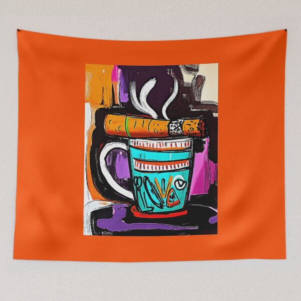 Item preview, Colorful Coffee Mug with Abstract Patterns and Oversized Steaming Cigar on Top Generative AI designed and sold by OlfactoART Studio.