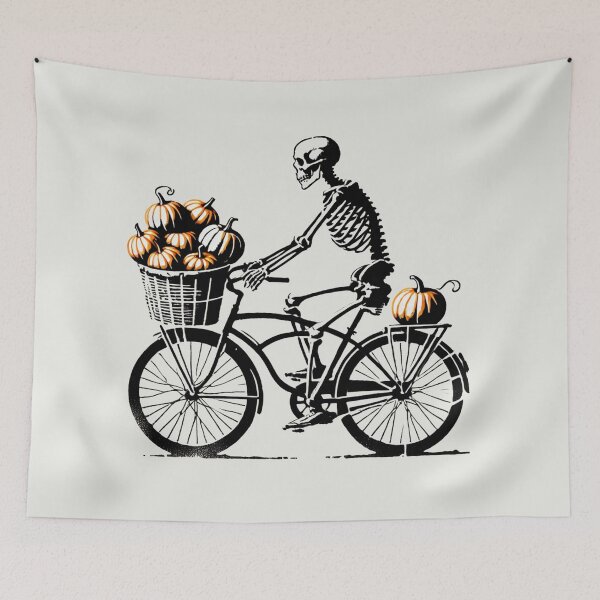 Item preview, Skeleton Riding a Bike with a Basket of Pumpkins designed and sold by Blink Art Studio.