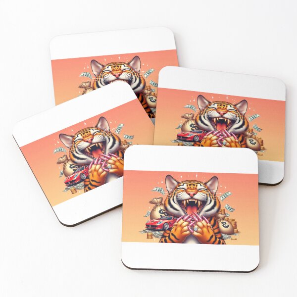 Item preview, cat with tiger skin, big smile, cartoon, with gel nails, holds palm to mouth laughing under his whiskers, and behind is a bag of money, gold and a red convertible car, lots of wealth, like a boss designed and sold by Cloud-Cart.
