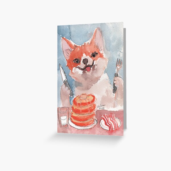 Vista previa del artículo con la obra «Un corgi comiendo tocino y panqueques.», diseñado y vendido por guilhernunes.