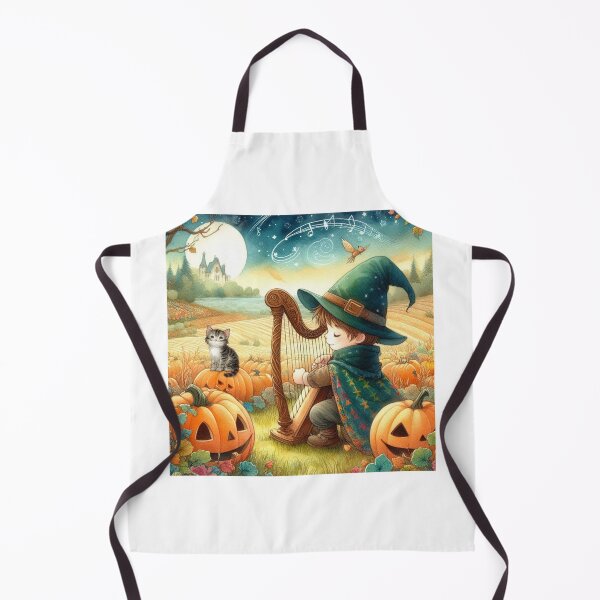 Item preview, Boy in Wizard Hat and Cloak Playing Harp with Grey Tabby Cat and Birds in Pumpkin Patch in Moonlight designed and sold by ElegantTeaTime.